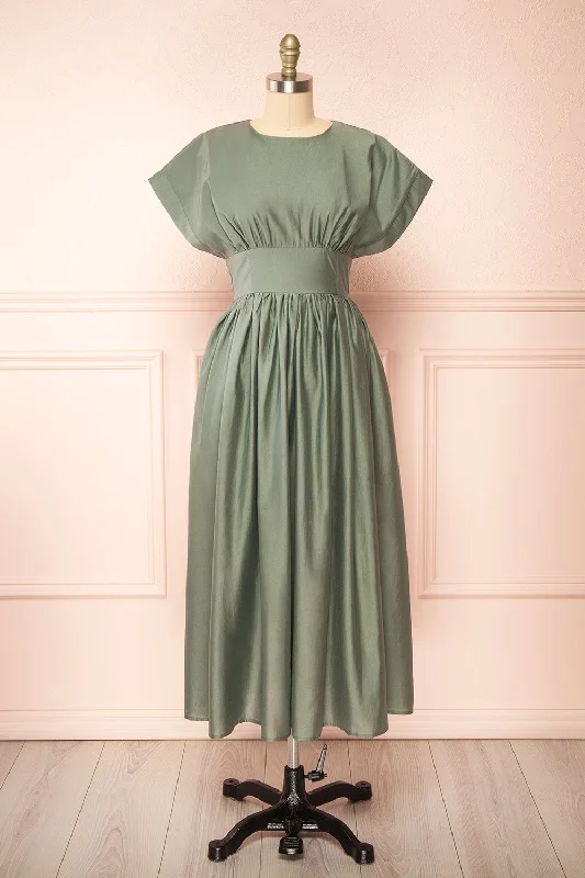 Midi dresses with side slits for a sexy and elegant appearance Miriel | Sage Midi Dress w/ Short Sleeves Midi dresses with side slits for a sexy and elegant appearance Miriel | Sage Midi Dress w/ Short Sleeves