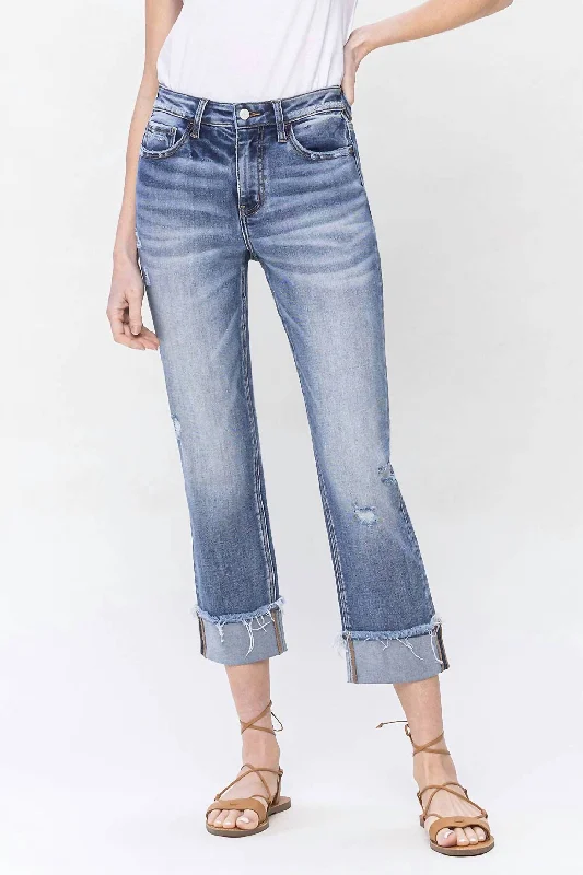 Embellished women jeans with studs or rhinestones for a glamorous touchOdessa Rolled Cuff High Rise Straight Denim Jeans In Infallible