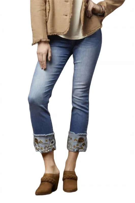 Stretch women jeans for enhanced mobility and comfortOmg Straight Embroidered Bottom Jeans In Medium Denim