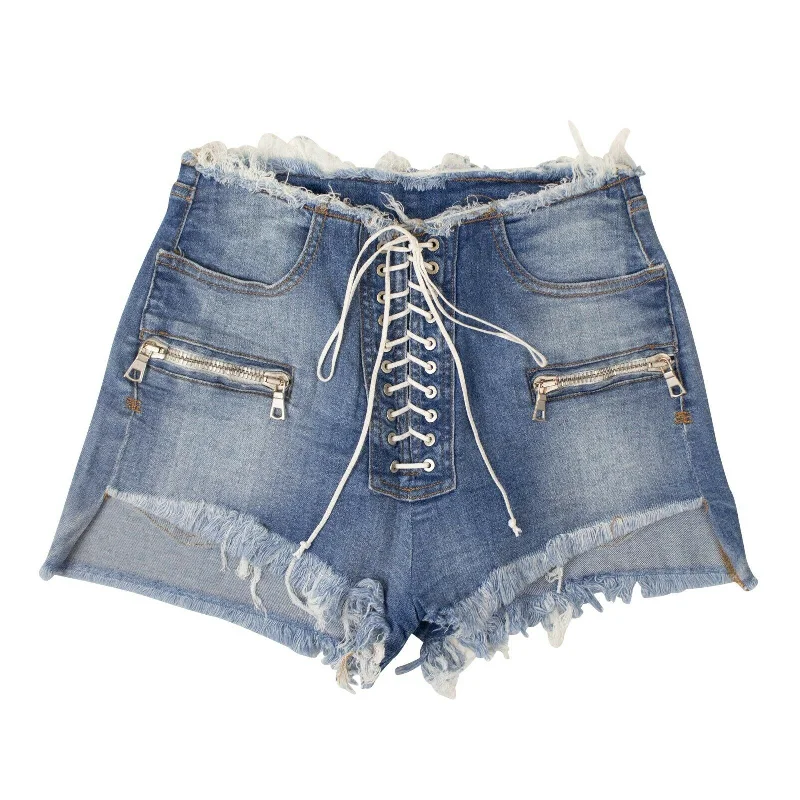 women tights with a geometric print for a modern touchUnravel Project Denim Lace-Up Shorts - Denim