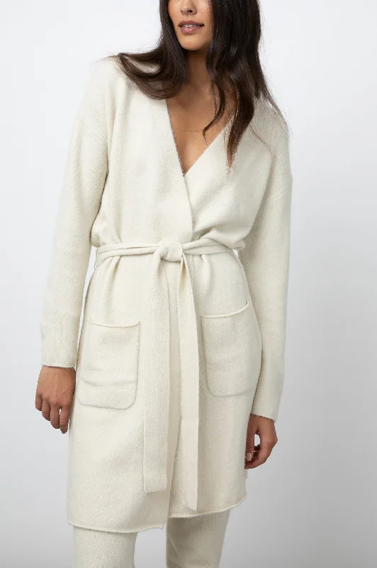 long length women cardigan with side slitsANSEL ROBE - OFF WHITE