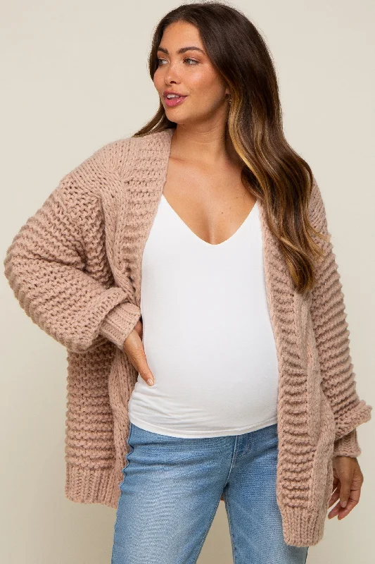 plus size women cardigan for comfortable layeringBeige Chunky Knit Maternity Cardigan