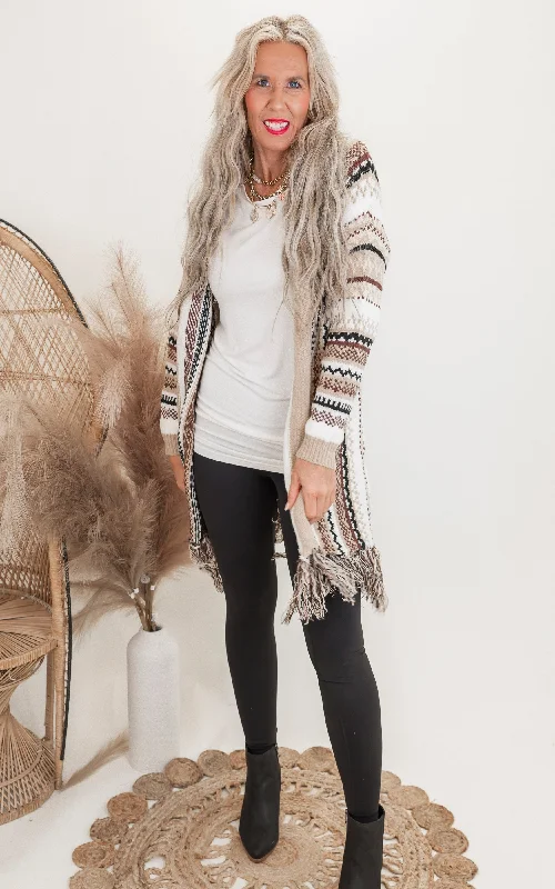 floral print women cardigan for a feminine touchBeige Khaki Bohemian Tribal Stripe Cardigan w/ Fringe