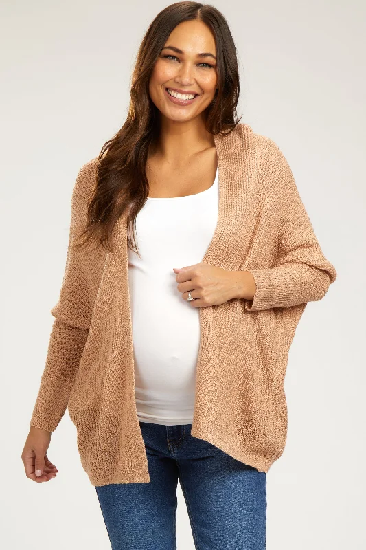 hand knitted women cardigan with artisanal charmBeige Knit Dolman Sleeve Maternity Cardigan