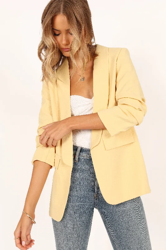 Plus Size Women's Ruffled Blazers in Pink for a Girly and Fashionable LookBeth Open Front Slouch Sleeve Blazer - Butter Yellow