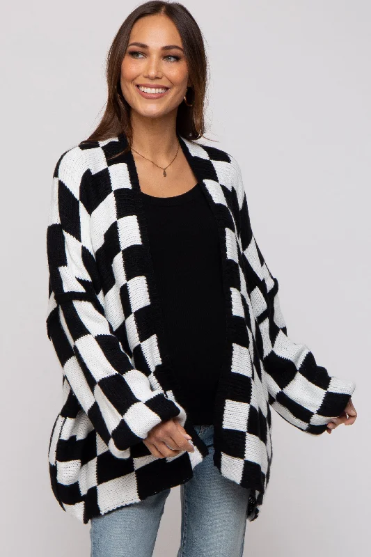 lightweight women cardigan for spring and fallBlack Checkered Print Oversized Maternity Cardigan