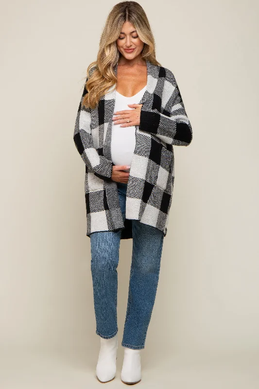 hand knitted women cardigan with artisanal charmBlack Plaid Shawl Maternity Cardigan