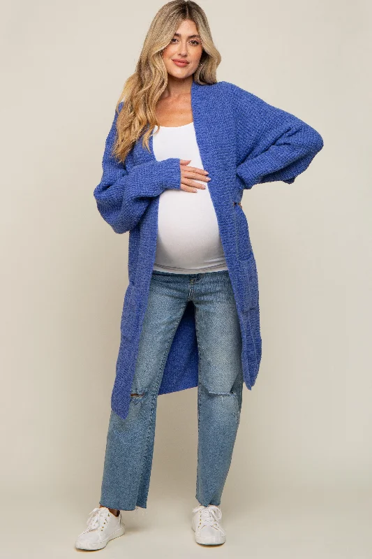 cropped women cardigan to pair with high - waisted jeansBlue Chunky Waffle Knit Maternity Cardigan