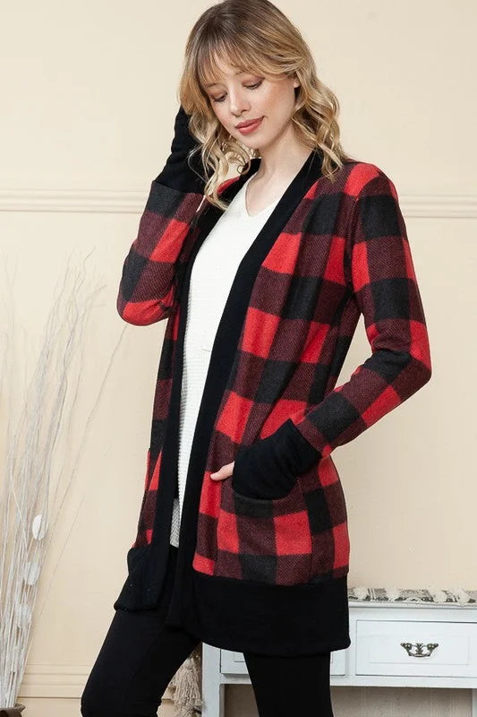 button down women cardigan with vintage buttonsBrushed Fabric Buffalo Plaid Cardigan