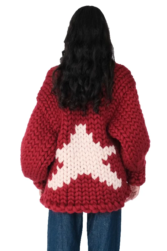 long length women cardigan with side slitsBurgundy Star Colossal Knit Cardigan