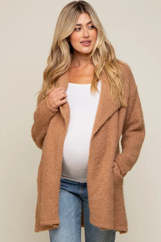 open front women cardigan for easy stylingCamel Fuzzy Knit Draped Maternity Cardigan