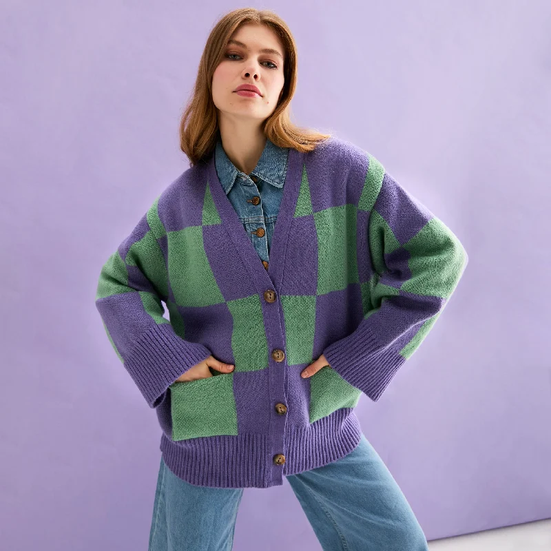 v neck women cardigan to elongate the necklineCandice Checked Cardigan with Wide Sleeves - Purple & Green