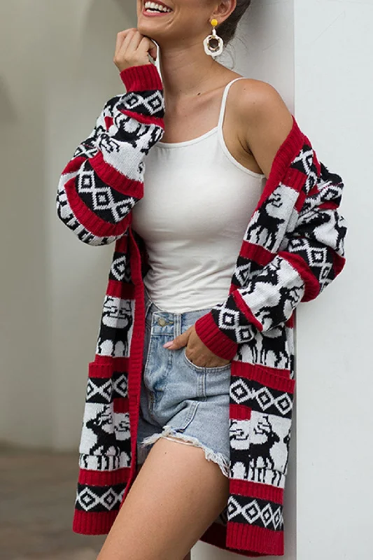 cropped women cardigan to pair with high - waisted jeansChristmas Snowflake Deer Mid-length Cardigan