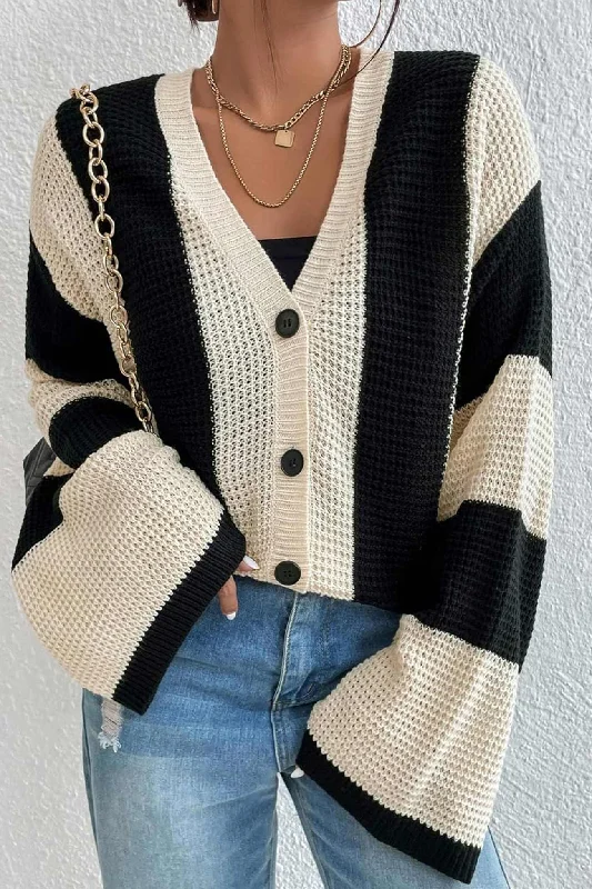 boyfriend style women cardigan for a relaxed fitContrast Striped Flares Sleeve Cardigan