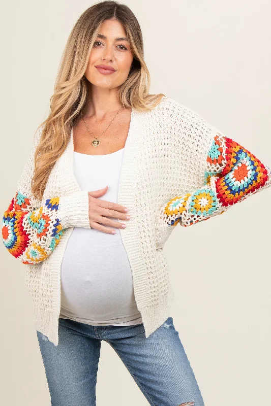 cable knit women cardigan with intricate patternsCream Sleeve Crochet Maternity Cardigan