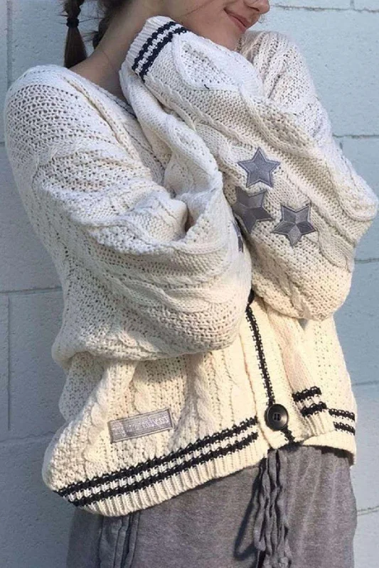 color block women cardigan with bold huesFive-pointed Star Embroidery Knit Cardigan