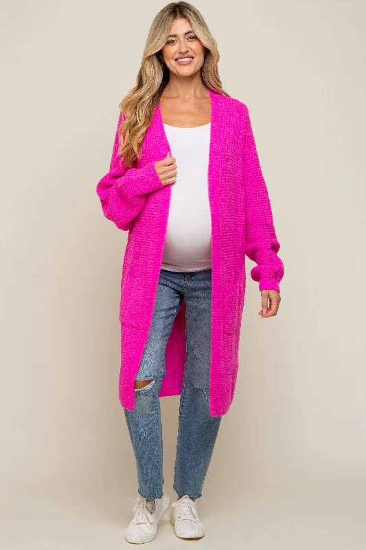 ribbed women cardigan with a classic textureFuchsia Chunky Waffle Knit Maternity Cardigan