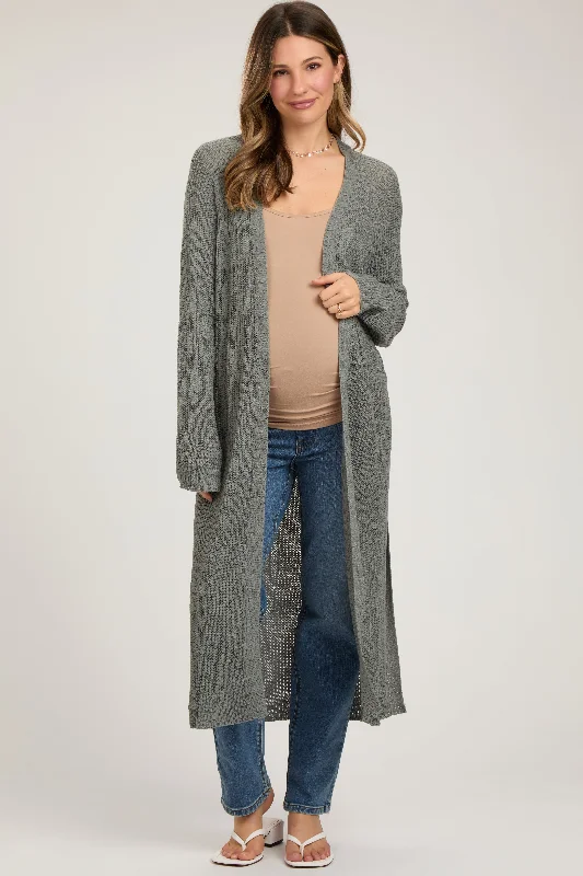 open front women cardigan for easy stylingGray Knit Side Slit Long Maternity Cardigan