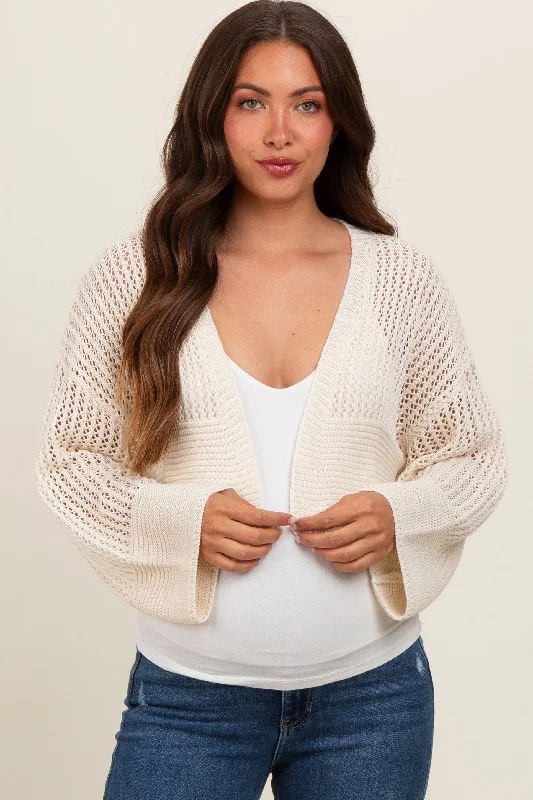 open front women cardigan for easy stylingIvory Open Knit Cropped Maternity Cardigan