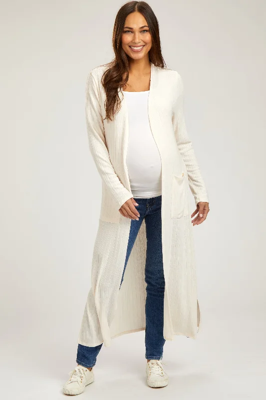 cashmere blend women cardigan for a luxurious feelIvory Rib Knit Long Maternity Cardigan