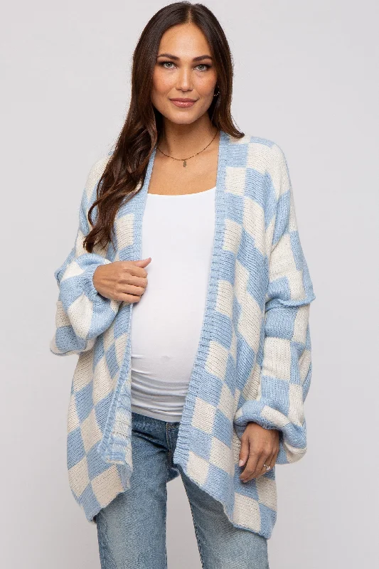 boyfriend style women cardigan for a relaxed fitLight Blue Checkered Print Oversized Maternity Cardigan