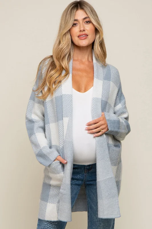 cashmere blend women cardigan for a luxurious feelLight Blue Plaid Shawl Maternity Cardigan