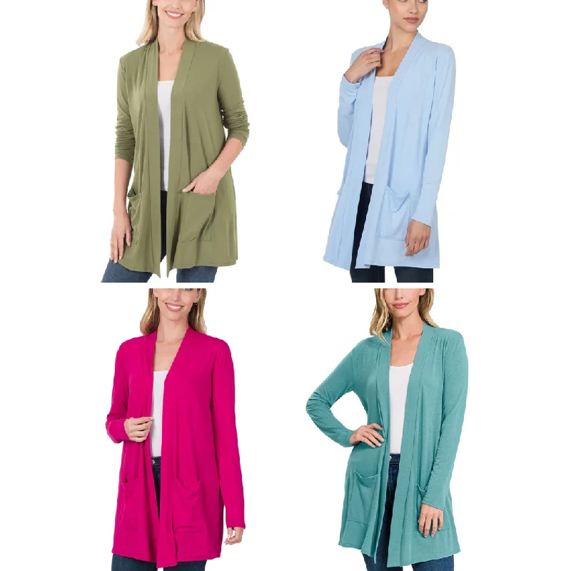 color block women cardigan with bold huesLightweight Stretchy Pocket Cardigan