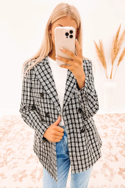 Women's Longline Linen Blazers in Pastel Colors for Summer EventsMadilyn Blazer Black Check