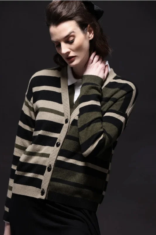 long length women cardigan with side slitsMinnie Rose Cashmere Striped Cardigan