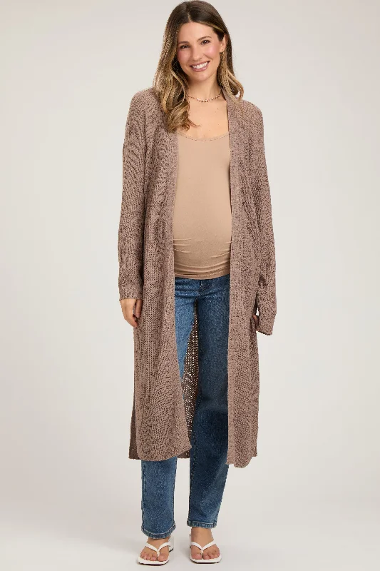 maternity women cardigan for expecting momsMocha Knit Side Slit Long Maternity Cardigan