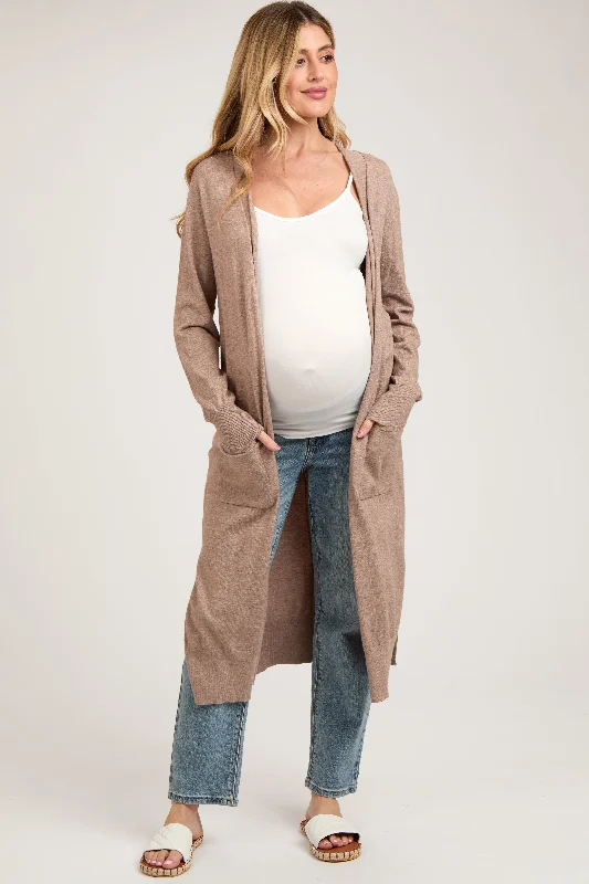 hand knitted women cardigan with artisanal charmMocha Long Maternity Cardigan