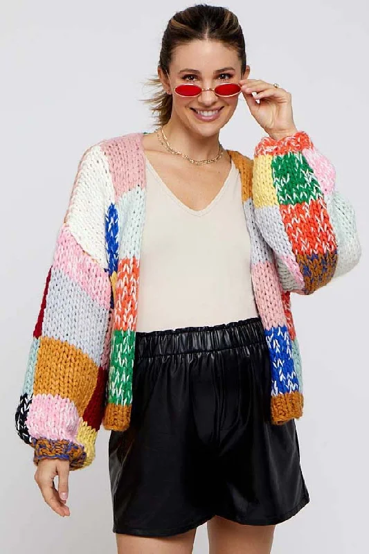 plus size women cardigan for comfortable layeringMulticolor Color Block Checkered Thick Knit Maternity Cardigan