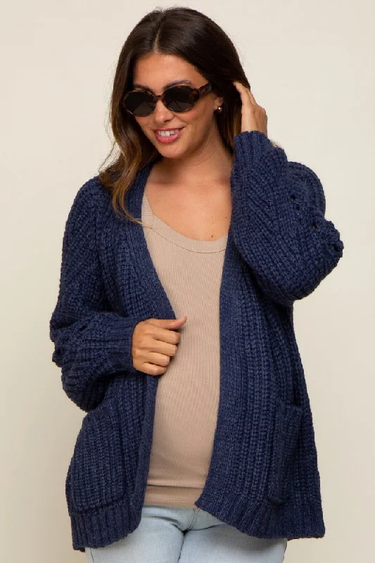 maternity women cardigan for expecting momsNavy Blue Chunky Knit Maternity Cardigan