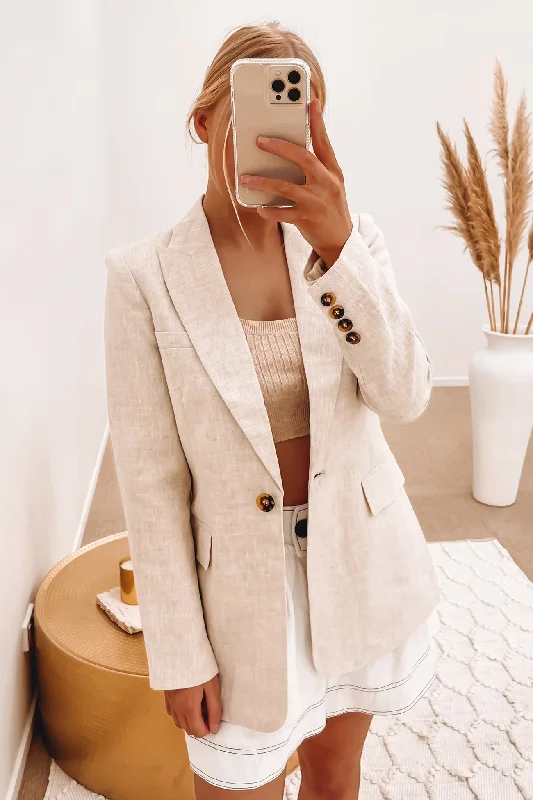 Single - Breasted Women's Linen Blend Blazers in Earth Tones for Casual WearNew Motivation Blazer Natural