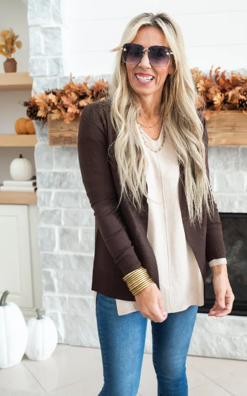 ribbed women cardigan with a classic textureOur Favorite Boyfriend Cardigan - Brown - Final Sale