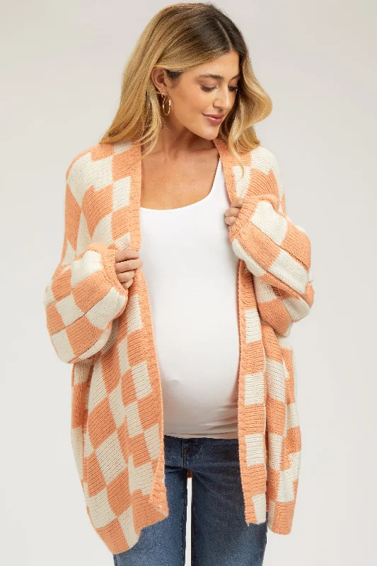 cable knit women cardigan with intricate patternsPeach Checkered Oversized Maternity Cardigan