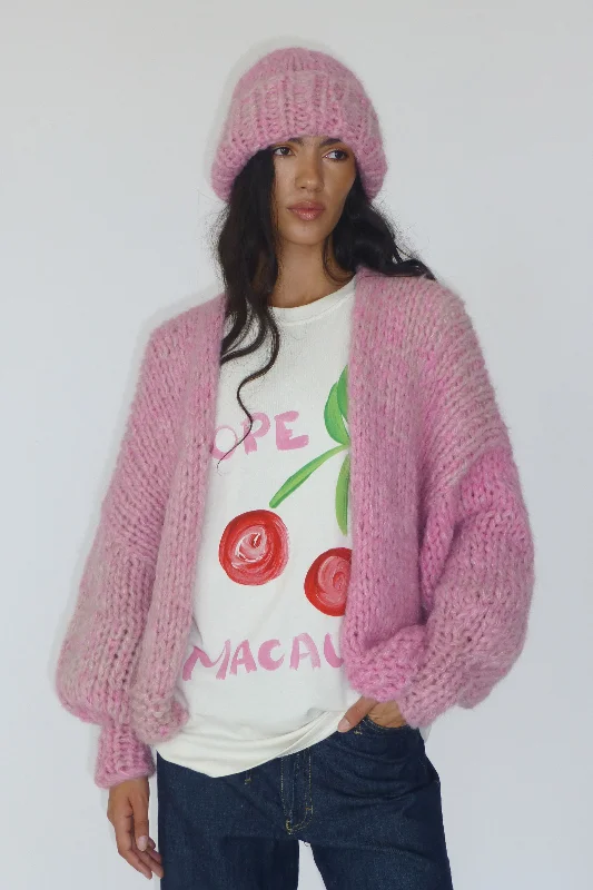 color block women cardigan with bold huesPink Fluffy Chunky Knit Cardigan