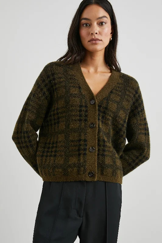 v neck women cardigan to elongate the necklineREESE CARDIGAN - OLIVE PLAID