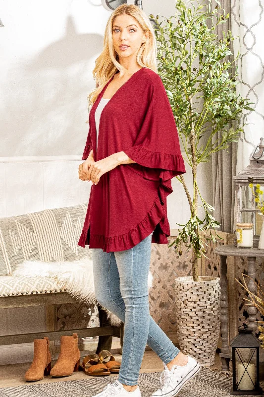 v neck women cardigan to elongate the necklineRuffle 3/4 Sleeve Cardigan