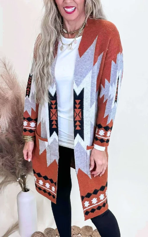 long length women cardigan with side slitsRust Tribal Geometric Print Long Cardigan