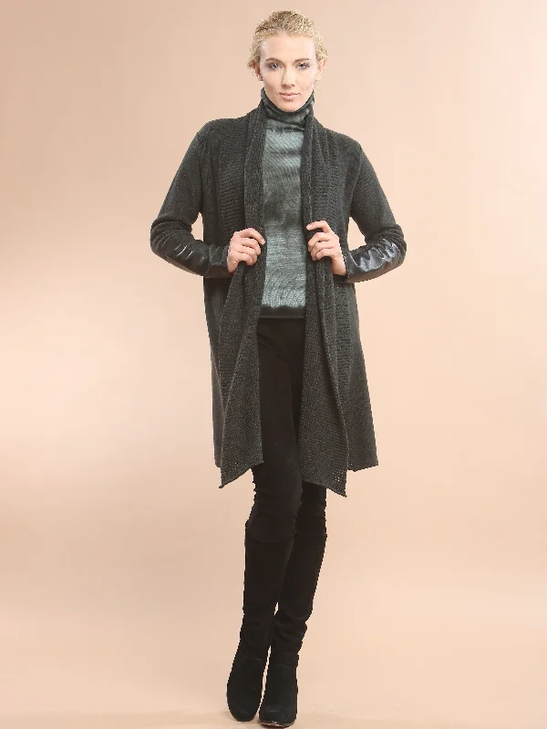 cable knit women cardigan with intricate patternsLeather Trimmed Long Wrap Coat