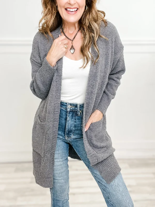 v neck women cardigan to elongate the necklineSolid Luxury Soft Cardigan with Pockets and Ribbed Edges