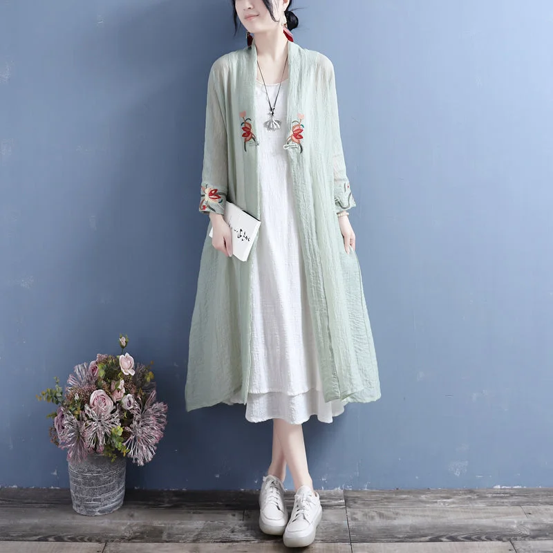 cropped women cardigan to pair with high - waisted jeansSummer Cotton Linen Floral Open Front Long Cardigan