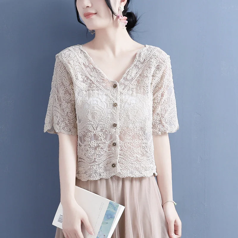 boyfriend style women cardigan for a relaxed fitSummer Cotton Linen Translucent Lace Cardigan