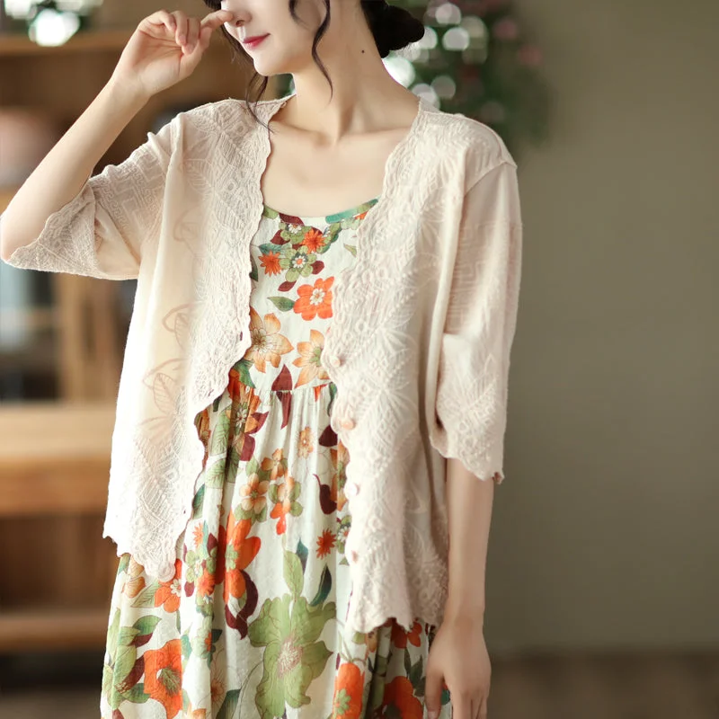 boyfriend style women cardigan for a relaxed fitSummer Embroidery Lace V-neck Sun Production Cotton Cardigan