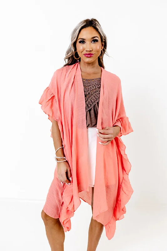 plus size women cardigan for comfortable layeringSummer Rhythm Ruffle Overlay In Coral