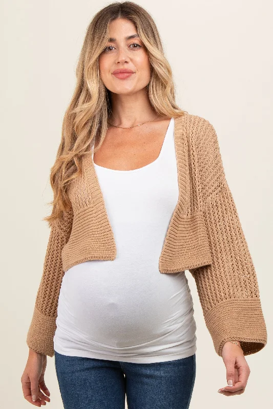 color block women cardigan with bold huesTaupe Open Knit Cropped Maternity Cardigan