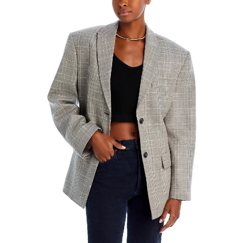 Women's Tailored Stretch Blazers in Navy Blue for Business MeetingsThe Mannei Womens   Plaid Business Two-Button Blazer