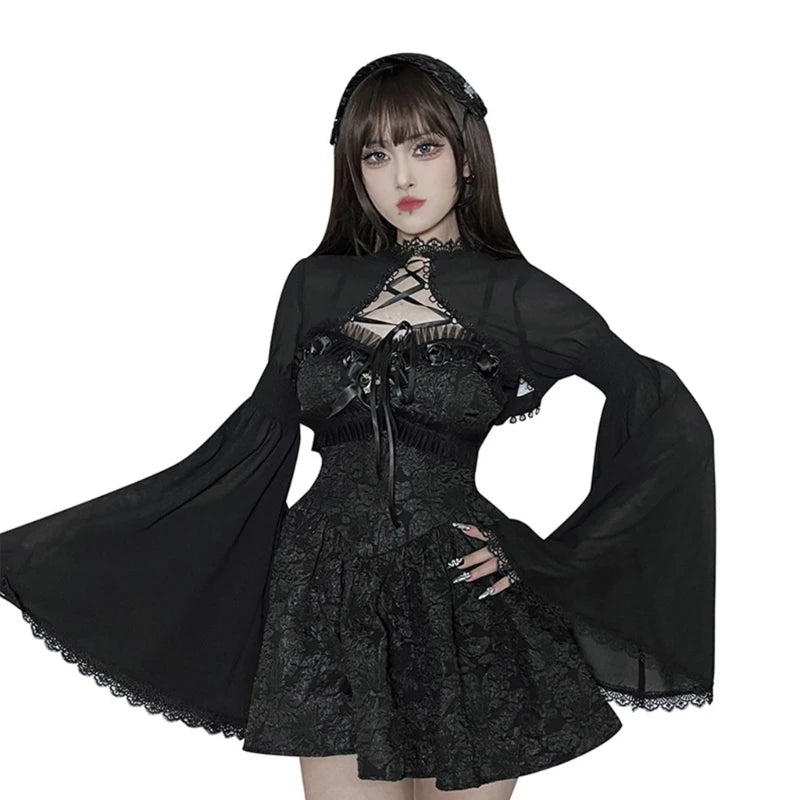 ribbed women cardigan with a classic textureVintage lace black gothic evening short stylish wrap Cardigans