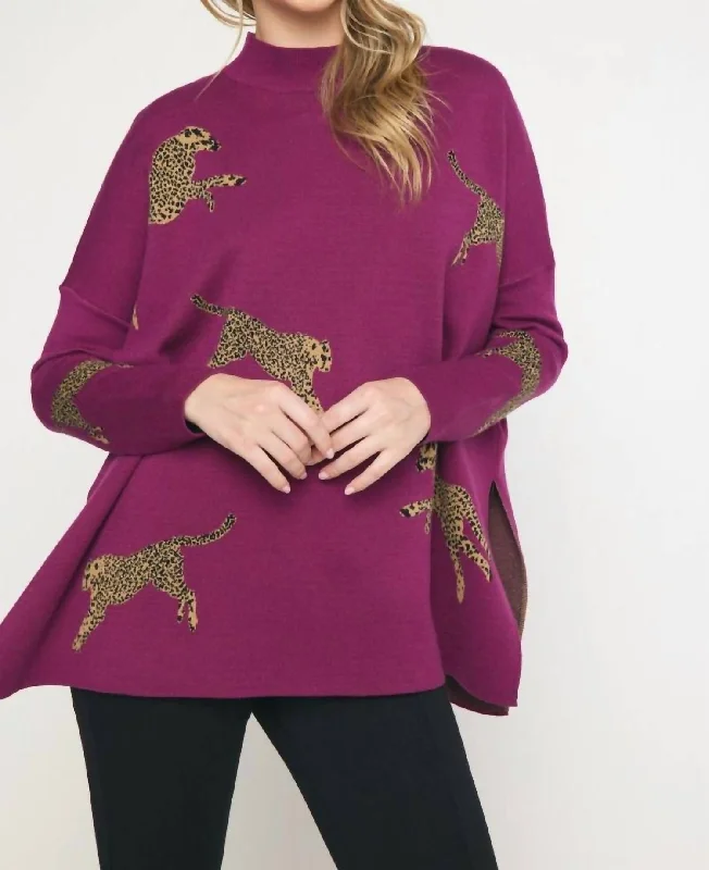 Longline Women's Mohair Sweater Dresses in a Loose FitAnnie Cheetah Print Mock Neck Long Sleeve Sweater Top In Plum